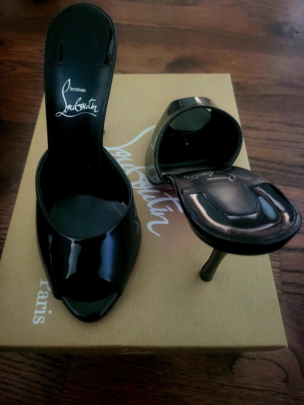 Christian Louboutin ME DOLLY 100 Black Patent Peep-Toe Mule Heels Size 37.5